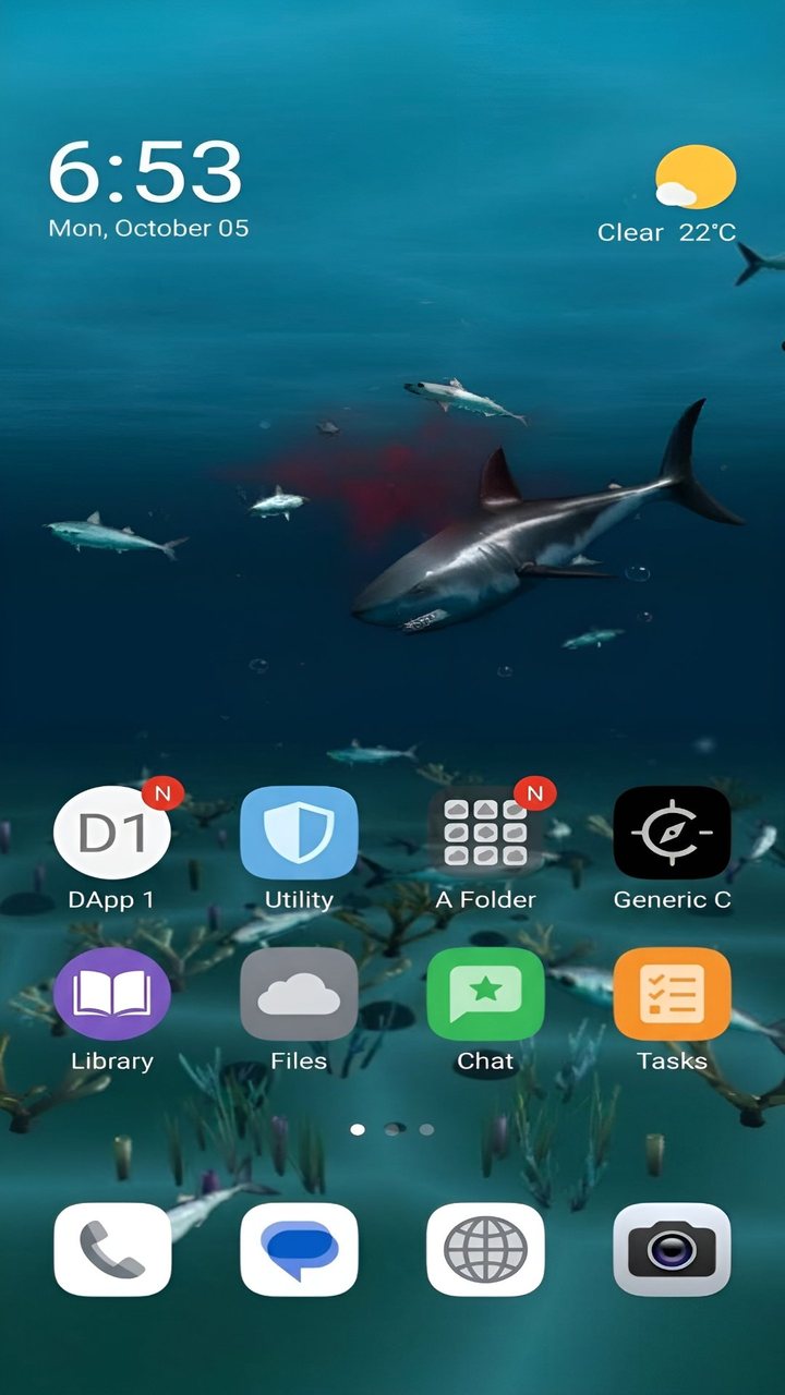 Pet Shark 3D live wallpaper on an Android home screen, with a Great White shark hunting fish behind the app icons